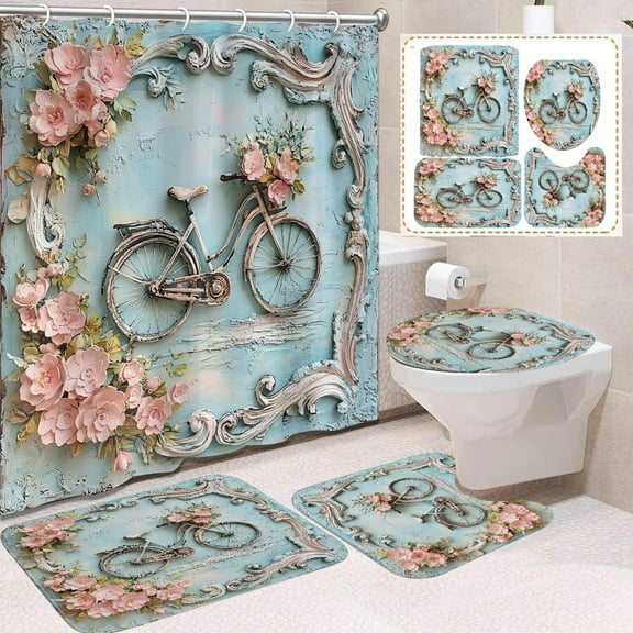 Valentines Day Shower Curtain Set with Bow Print Romantic Bathroom Decor Waterproof Polyester Bath Mat Toilet Lid Cover Non-Slip Floor Mat for Couples Anniversary Gift Home Decor