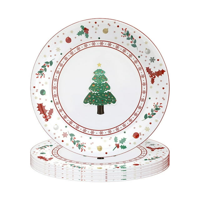 Fwttom Christmas Paper Plates, Green Christmas Tree Pattern Christmas Plates Disposable, Christmas Dinner Plates Tableware for Xmas Decorations, Holiday & Party, 10 pcs