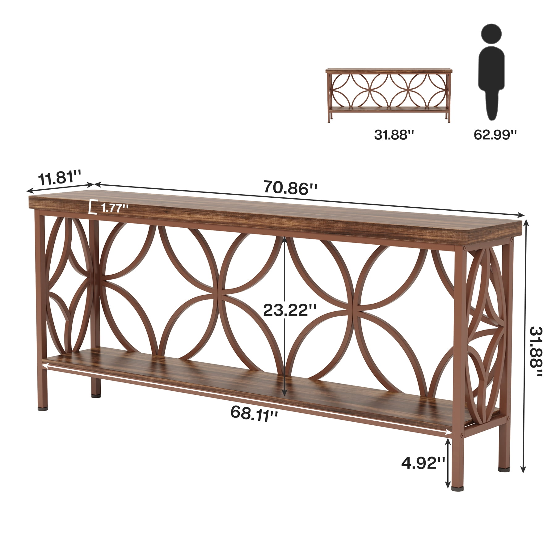 Fnova 70.9" Industrial Console Table, 2-Tier Wood Storage Narrow Sofa Table, Behind Couch with Metal Frame, for Living Room, Entryway, Foyer, Easy Assembly
