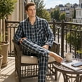 thumbnail image 3 of Vulcanodon Mens Pajama Set 100% Cotton, Long Sleeve Button Down PJ Set for Men Plaid Men's Sleepwear(Dark Blue-Plaid, L), 3 of 7