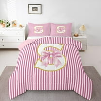 Homewish Initial S Letter Bedding Comforter Set, Girly Pink Stripes Abstract Twin Comforter Sets, Princess Cartoon Bowknot Reversible Bedding Set, Microfiber Bedroom Decor, 2 Pieces
