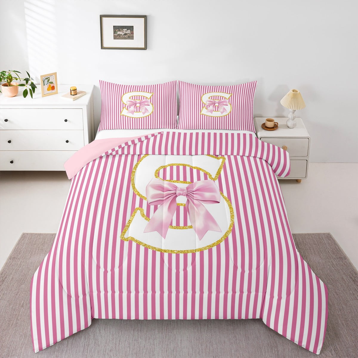 Homewish Initial S Letter Bedding Comforter Set Girly Pink Stripes Abstract Twin Comforter Sets Princess Cartoon Bowknot Reversible Bedding Set Microfiber Bedroom Decor 2 Pieces