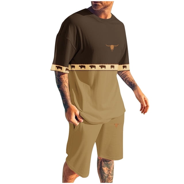 Pantalones Elásticos de la Cintura de los Hombres de la Impresión de los Pantalones Cortos Delgados Deportivos, Cuello Redondo de la Blusa de Manga Corta