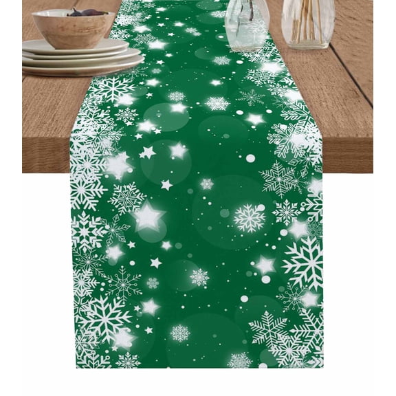 Green Christmas Snowflakes Table Runner 90 Inches, Xmas Winter Textured Bed Runner Dresser Scarves Tabletop for Indoor Outdoor Parties/Ceremony/Banquet, 13" x 90"