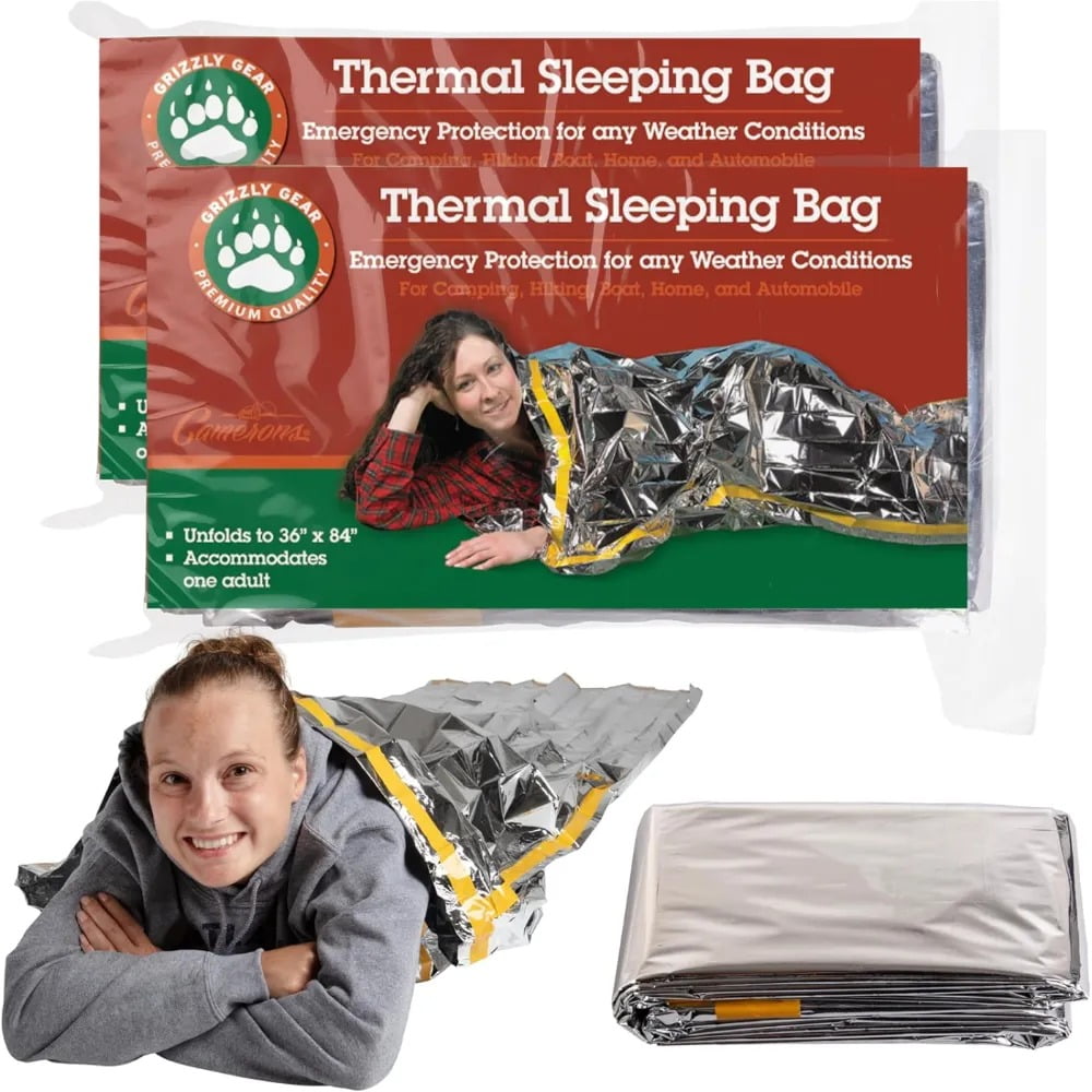 Grizzly Gear Emergency Thermal Sleeping Bags (2 Pack) Weatherproof Mylar Disaster Survival Bivouac | 7 ft x 3 ft | Compact Lightweight Shelter Sig set