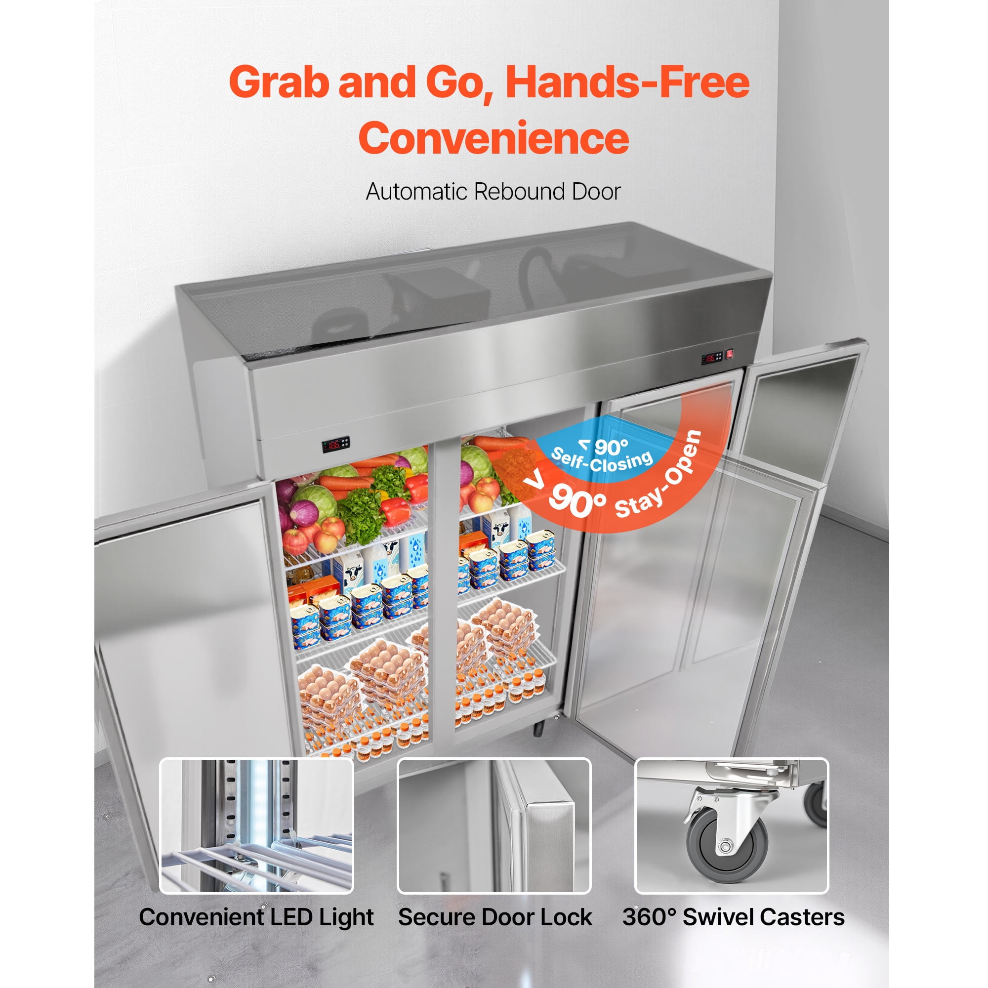 KFFKFF Commercial Refrigerator and Freezer Combo 72"W, 51 Cu.Ft Stainless Steel Upright Unit with Three Doors, Auto-Defrost, 9 Adjustable Shelves, UL Certified