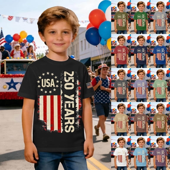 ibiyuan 250 Anniversary Usa Shirt Kids Red White and Blue 250th Birthday Tshirt for Girls Crewneck Short Sleeve Patriotic Basic Tees Summer Casual Vacation Tops