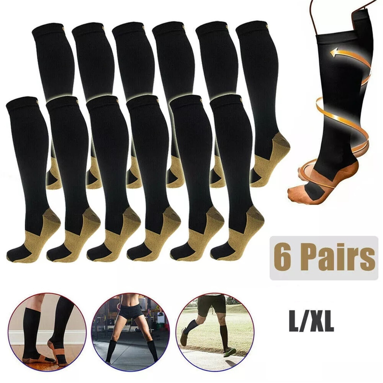 Compression Socks, Knee-High Athletic, 20-30mmHg, Black, 6 Pairs, Unisex