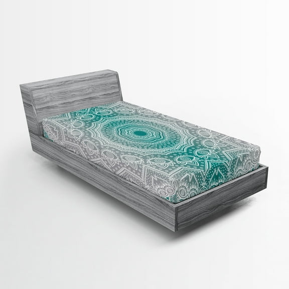 Ambesonne Grey and Teal Fitted Sheet, Mandala Occult Motif, Twin XL Size, Teal Grey