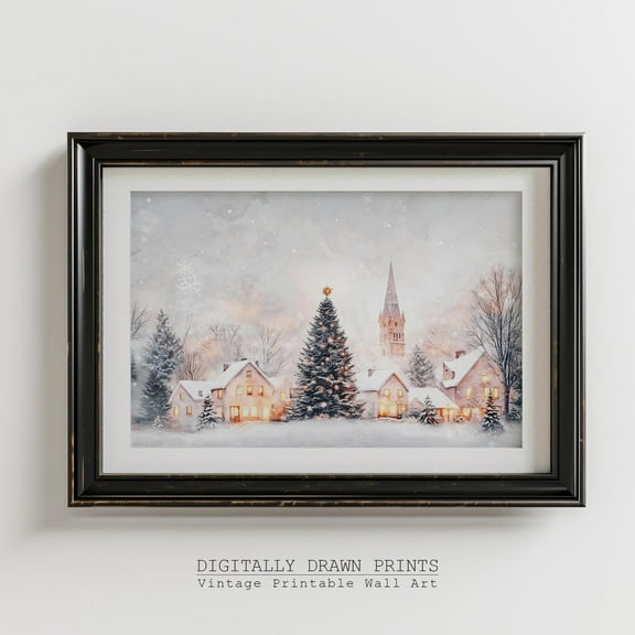 Neutral Christmas Village Print Wall Art, Winter Church Scene, Snowy Holiday Home Decor, Festive Christmas Tree Artwork, 16x24 UNFRAMED
