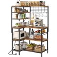thumbnail image 1 of L-Shaped Bakers Rack with Power Outlet, 6-Tier Microwave Stand with Open Storage, Coffee Bar with Hooks, Mesh Grid, Kitchen Shelf with Wire Basket, Rustic Brown and Black, 1 of 8