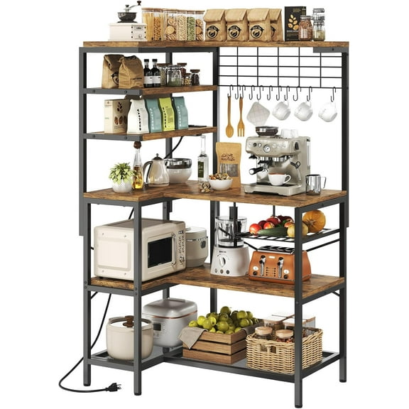 L-Shaped Bakers Rack with Power Outlet, 6-Tier Microwave Stand with Open Storage, Coffee Bar with Hooks, Mesh Grid, Kitchen Shelf with Wire Basket, Rustic Brown and Black