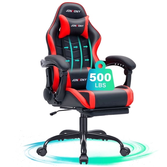 JONPONY Big and Tall 500LBS Gaming Chair, Ergonomic High Back Gamer Chair with Footrest Lumbar Support, PU Leather Office Computer Chair for Long Sitting, Red