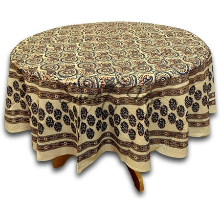 

Cotton Hand Block Print Floral Tablecloth Rectangular Tablecloth For Square Tables Tablecloth Round (Beige Blue Round 72 Inches)