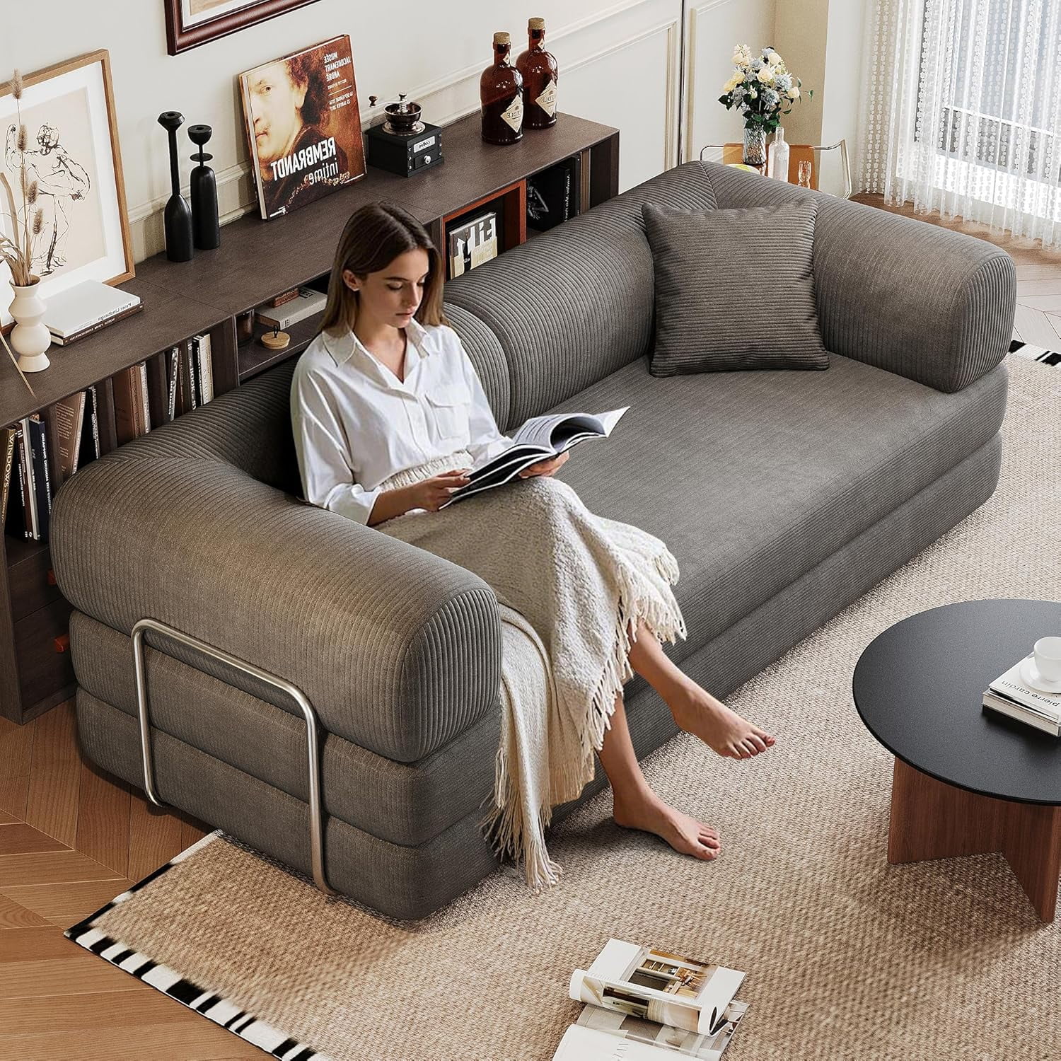 Howcool 79" Convertible Sofa Bed, Corduroy Folding Pull Out Couch with Pillows, Boneless Compression Sofa in a Box, Floor Sofa with Support Rods for Living Room,Gray