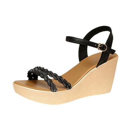 

Women Solid Bohemian Peep Toe Wedges Thick Bottom Flatform Shoes Sandals