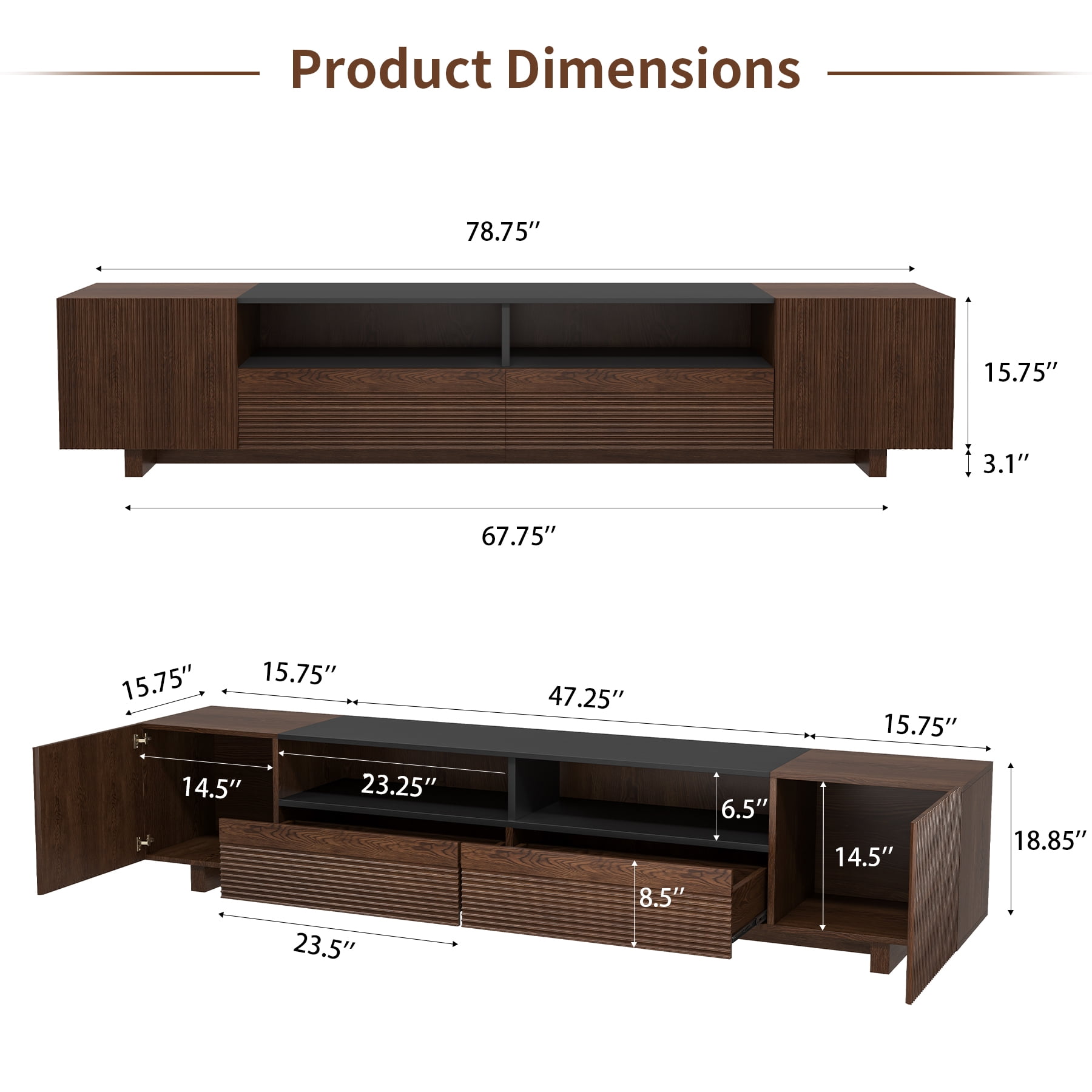 78.8 Inch TV Stand with Storage Cabinets for Living Room, TVs Media Console Entertainment Center with Drawers, Wood Fluted Television Stands with Open Shelves for Bedroom, Dark Brown Walnut