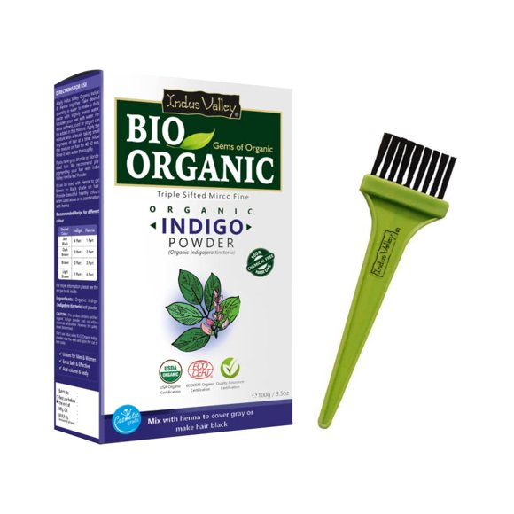 INDUS VALLEY BIO Polvo índigo orgánico (Indigofera tinctoria) con libro de recetas de colores y kit de cepillo aplicador (100 g) - Negro