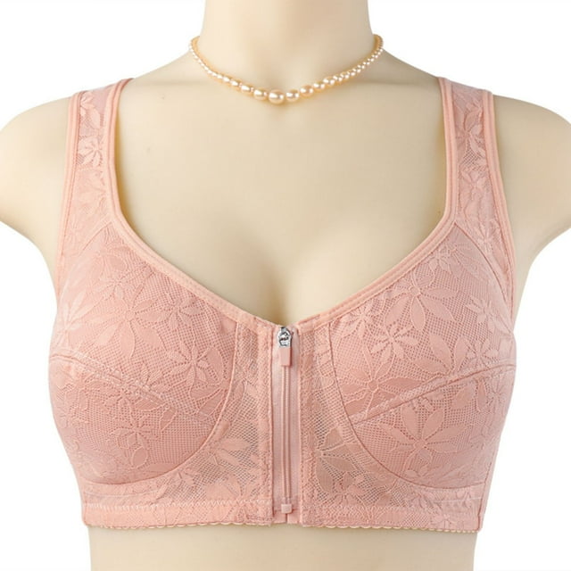 Abcnature Women's Bras Solid Large Lace Front Zipper Bras Wide Shoulder Strap Style Underwire Breathable Plus Size Bras
