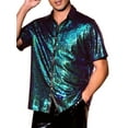 thumbnail image 4 of INSPIRE CHIC Sequin Shirts for Men's Glitter 70s Disco Shirt Button Down Short Sleeve Metallic Tops XL Green, 4 of 6
