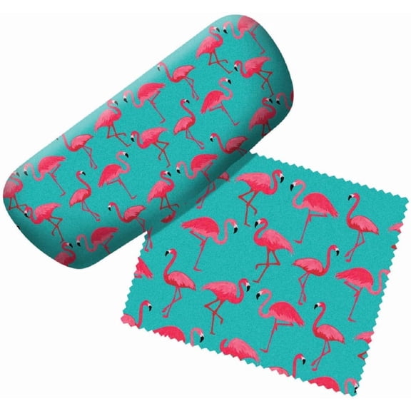 Pink Flamingos on Teal Eye Glasses Case and Matching Microfiber Lens Cloth