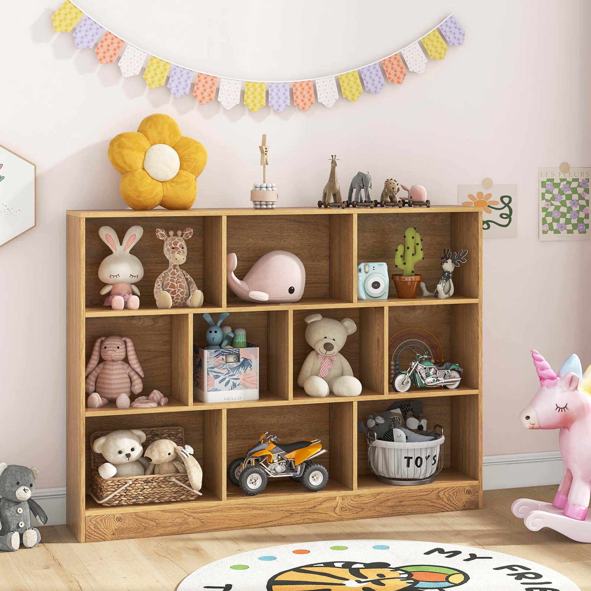 Costway 10-Cube Bookcase 41" Wooden Toy Storage Organizer for Kids Bookshelf Natural