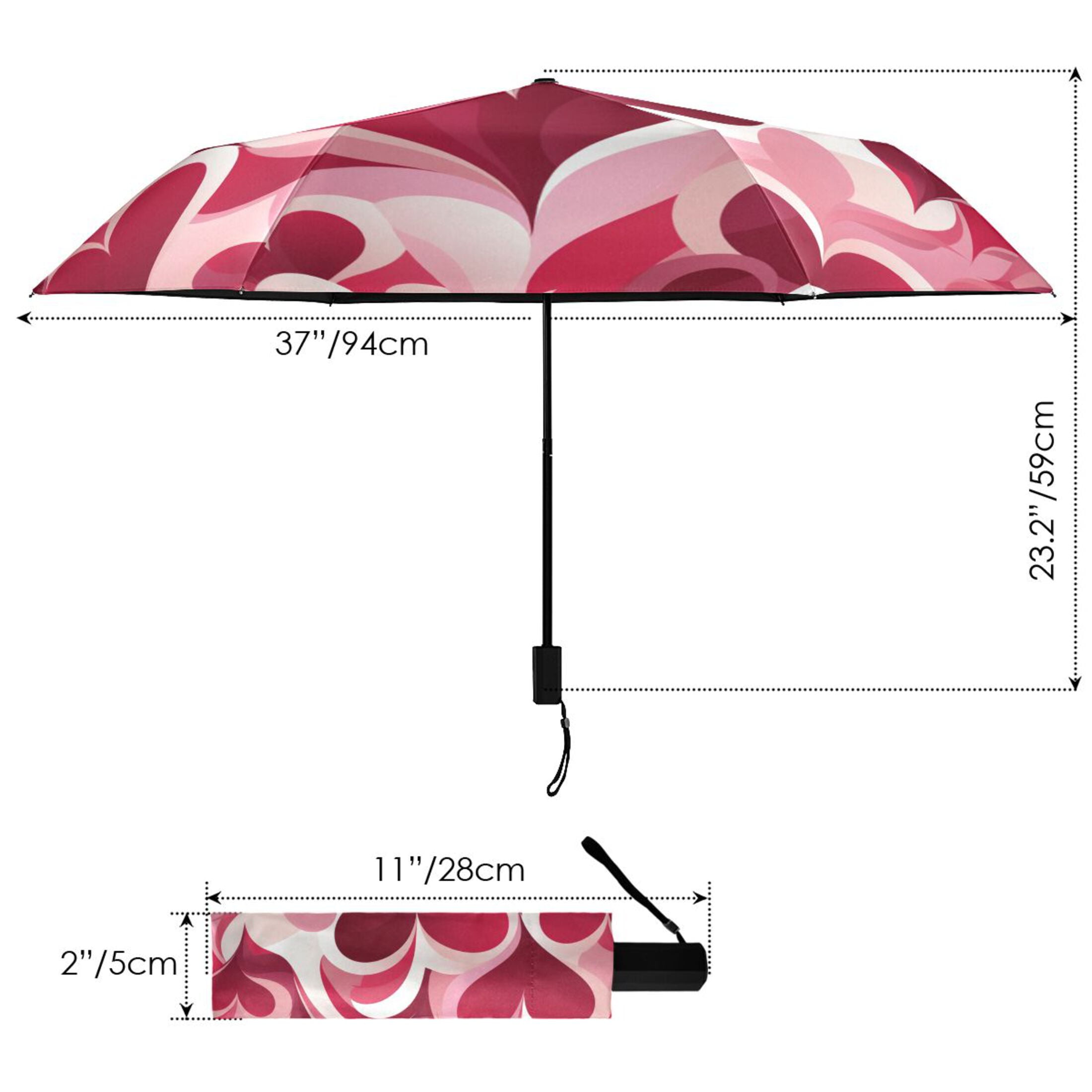 Love Hearts in Valentine Compact Folding Umbrella for Rain Windproof Travel Umbrella UPF 50+ Lightweight Packable Arc Size