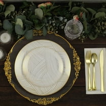 Efavormart 10 Pack | 7" White And Gold Wave Brush Stroked Plastic Dessert Plates, Disposable Appetizer Salad Plates