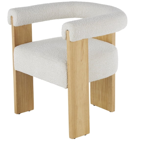 DecMode Polyester Curved Back Mid Century Modern Round Boucle Lounge Chair with Light Brown Wood Frame, Cream
