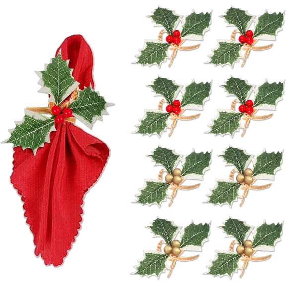Christmas Holly Napkin Rings Set of 8, Rustic Farmhouse Napkin Ring Holders with Red/Gold Berry and Green Holly Leaves for Christmas Thanksgiving Day Dining Table Decoration