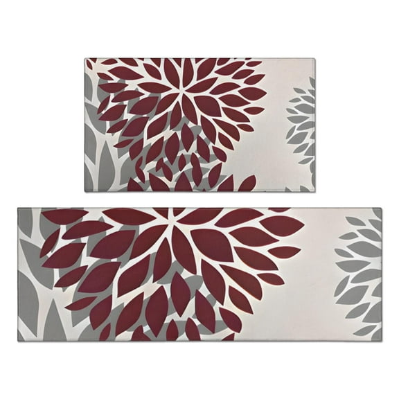 Red and Gray Floral Pattern Kitchen Rugs Sets Of 2,Anti Fatigue Kitchen Mat Rugs Non Slip Washable,Decorative Kitchen Floor Mats for Kitchen,Sink,Laundry,17"x30" 17"x47"