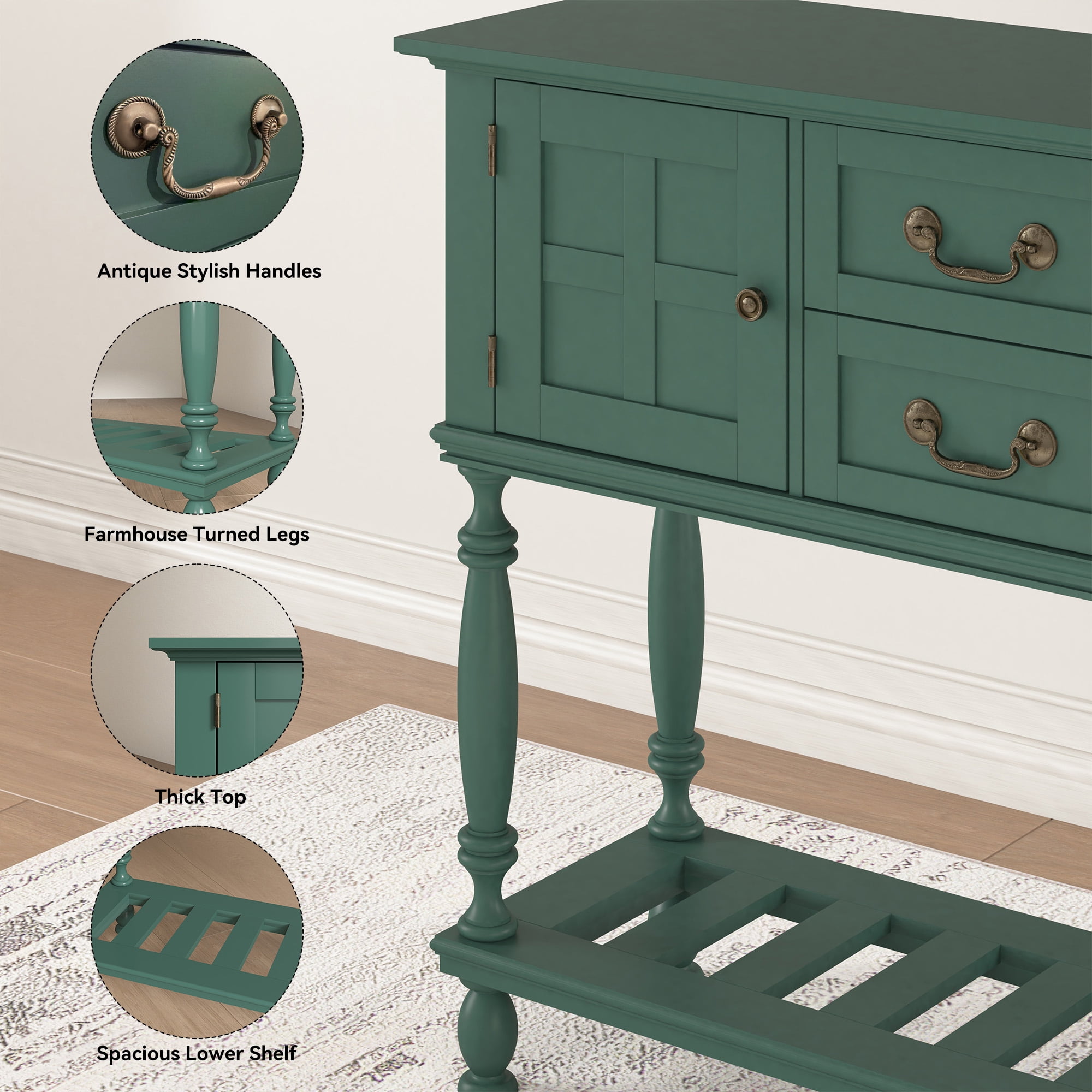 ZOSQUARE 42" Green Console Table with Storage Cabinet, Entryway Table with Turned Legs and Bottom Shelf, Vintage Sofa Table Behind Couch for Living Room