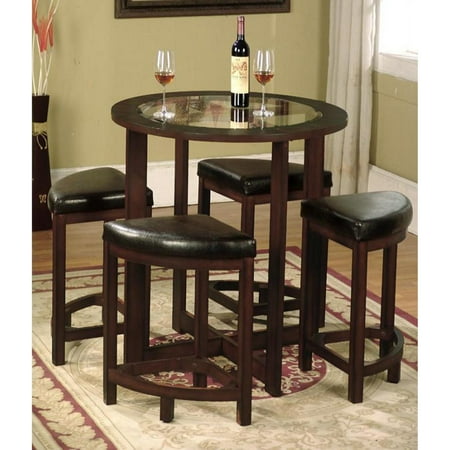 Round Glass Top Counter Height Table Roundhill Furniture Cylina Solid Wood Glass Top Round Counter Height Table with 4 Stools ()