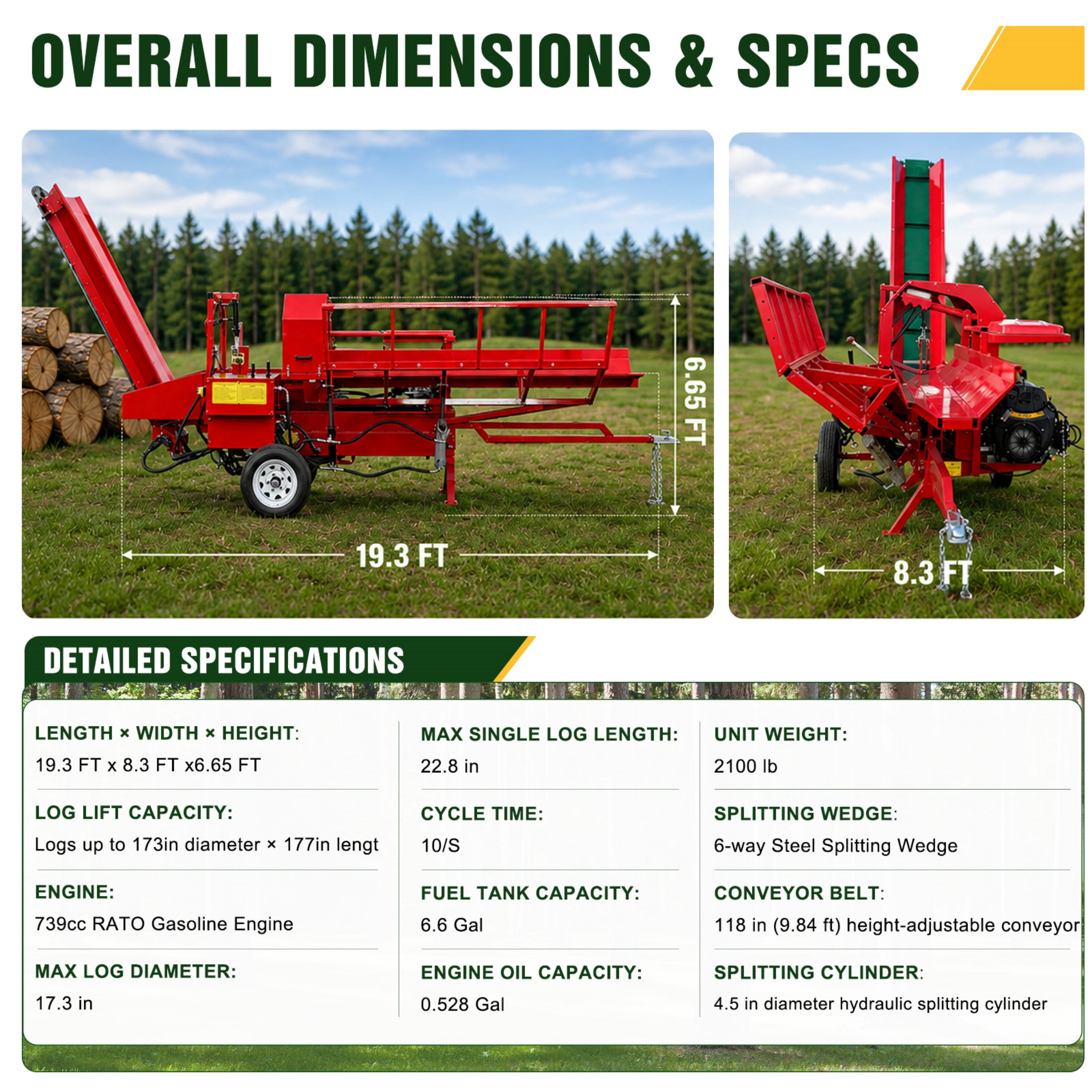 QEEKA 27T Firewood Processor & Log Splitter, 739cc Gas Engine, 17.32" Max Cut, 20" Chainsaw, Log Lifter, 3m Conveyor, 6-Way Hydraulic Wedge, Portable, for Home, Farm, Small Business