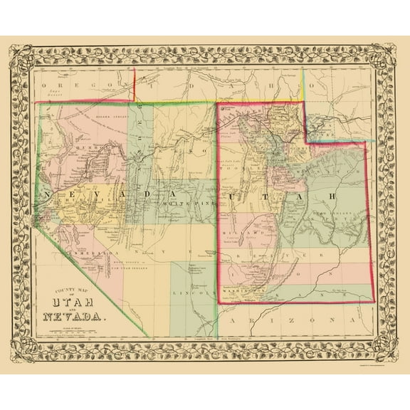 Historic State Map - Nevada Utah - Mitchell 1870 - Vintage Wall Art