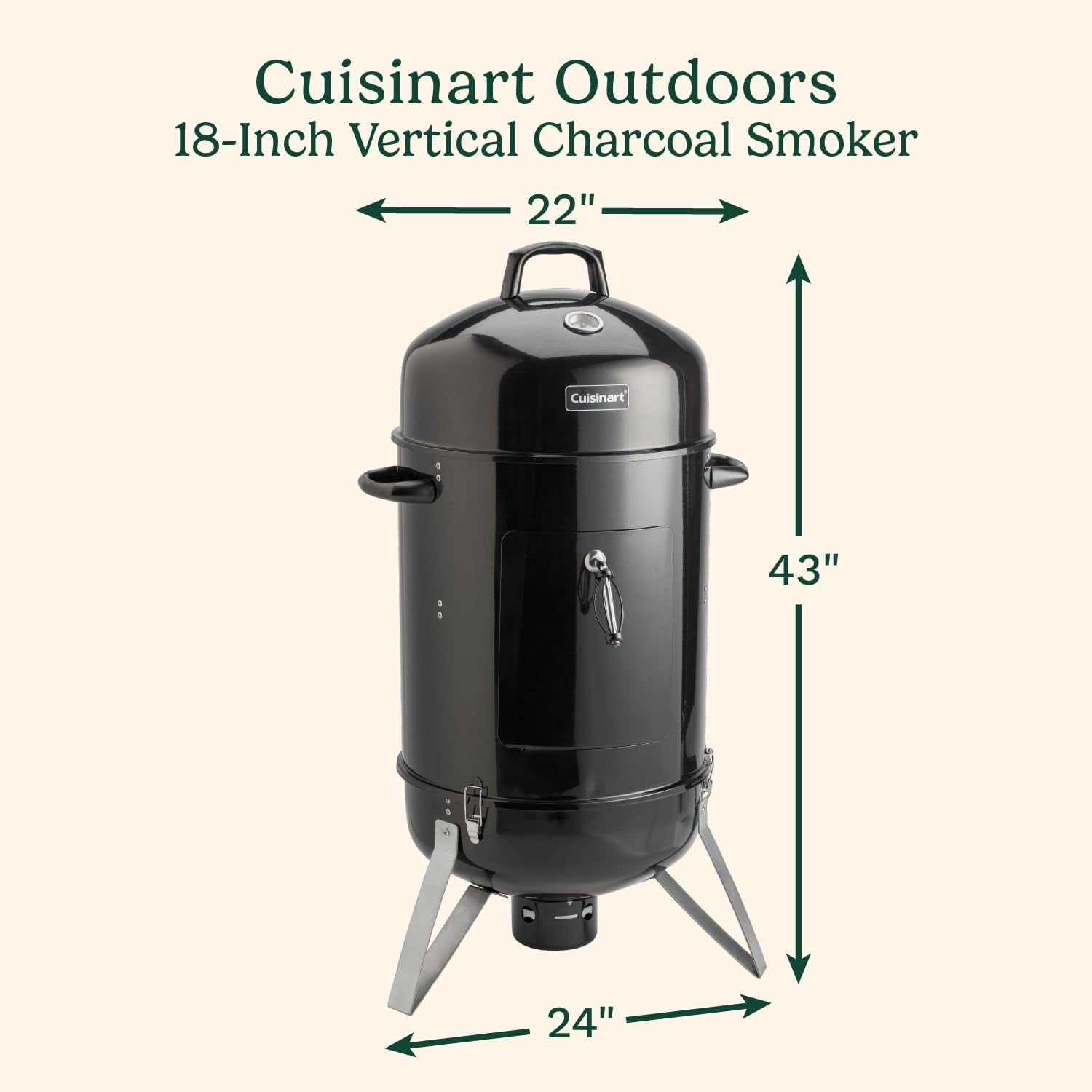 Cuisinart Charcoal Vertical Food Smoker with Integrated Thermometer, Water Bowl, Dual Vents, Chrome Plated Grates