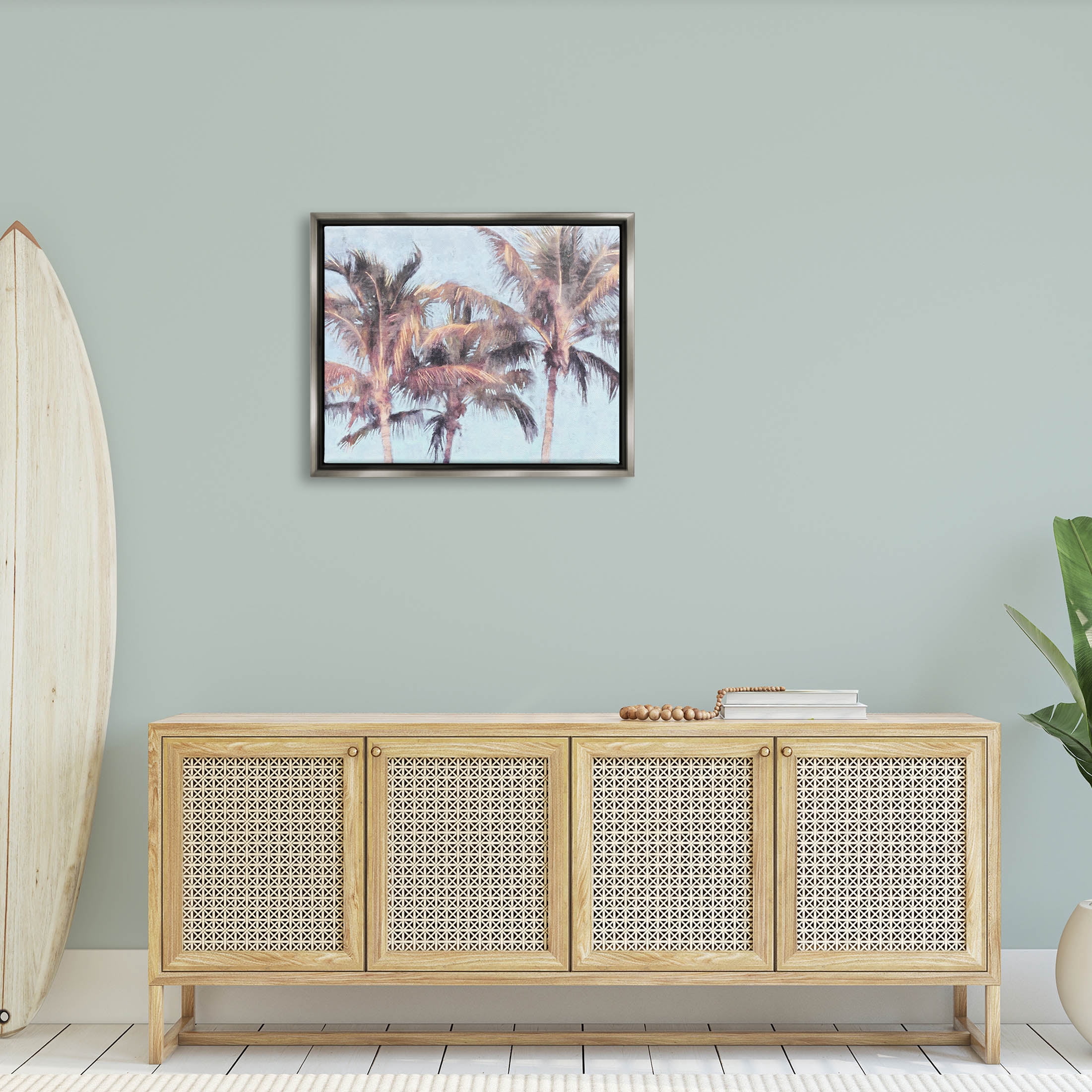 Stupell Industries Looming Palm Trees Tropical Sky Graphic Art Luster Gray Floating Framed Canvas Print Wall Art, Design by Nina Blue