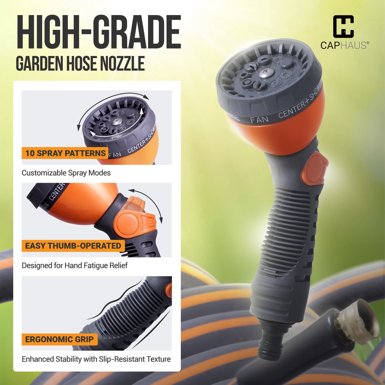 CAPHAUS 25ft Garden Hose 5/8 Inch Water Hose with 10 Spray Patterns Nozzle & 3/4 Inch NH Solid Brass Fittings, Outdoor Durable PVC Flexible Lightweight Hose Working Pressure 350 PSI for All-Weather
