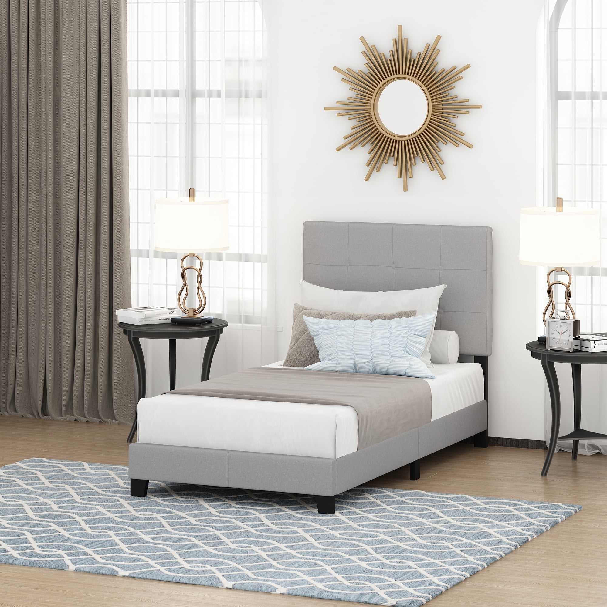 Furinno LAVAL Twin Upholstered Bed Frame with Button-Tufted Headboard and 12-Piece Wooden Slat Support, Light Grey