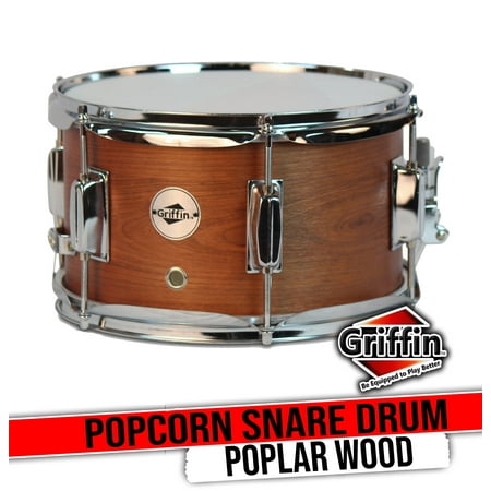 Griffin Snare Drum - Popcorn Soprano Firecracker 10" x 6" Poplar Wood Shell with Hickory PVC - Concert Percussion Musical Instrument with Drummers Key and Snare Strainer Beginner & Professional