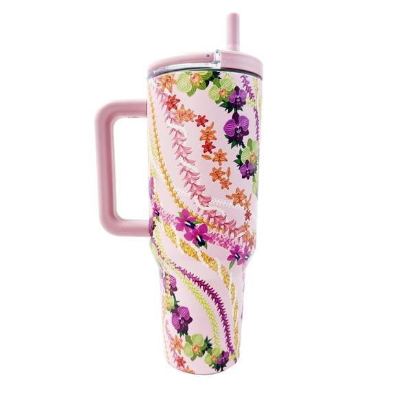 Island Crew 40 oz Light Pink Floral Lei Stainless Steel Tumbler with Handle