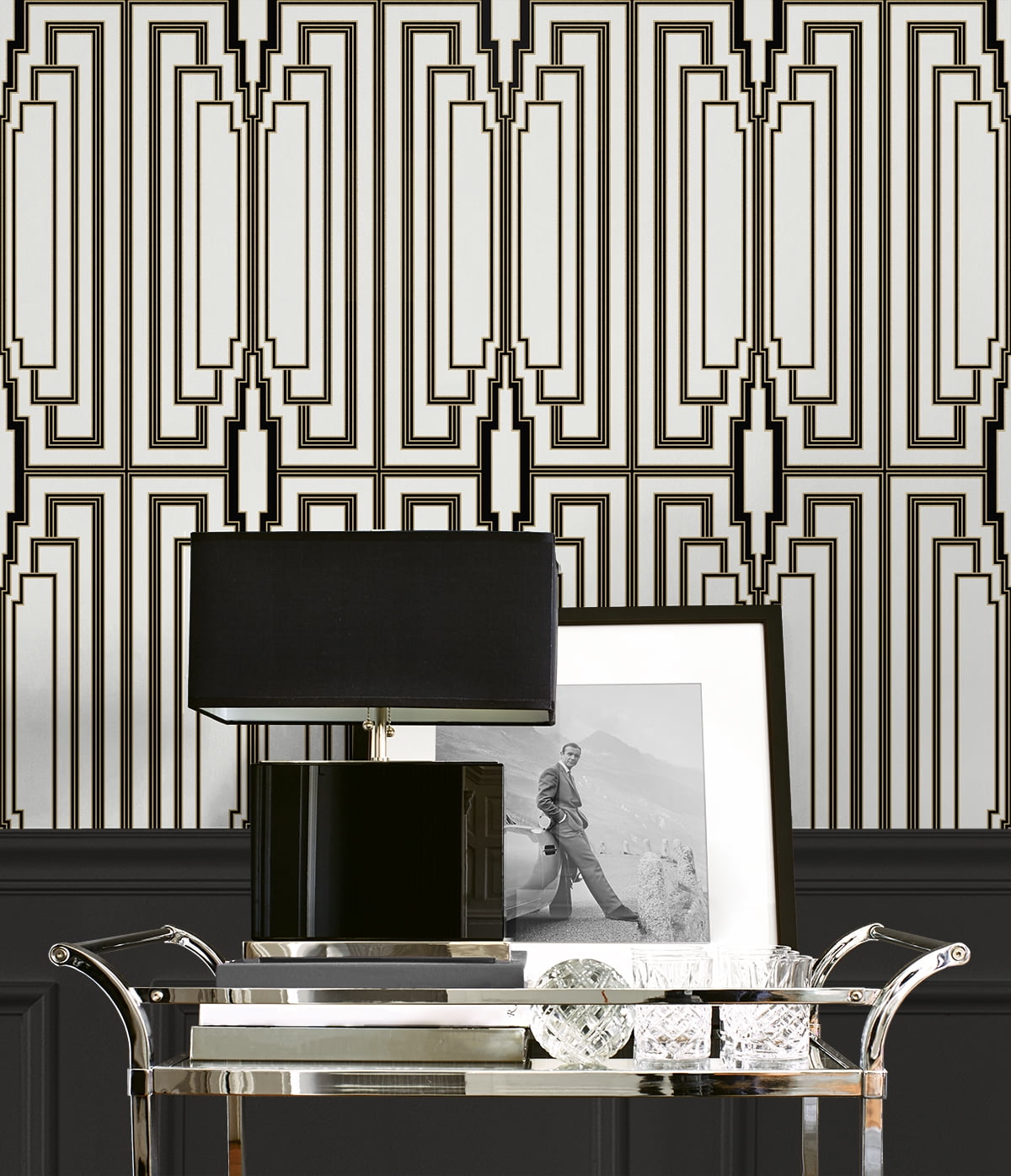 NextWall Ebony & Gold Manhattan Deco Peel and Stick Wallpaper