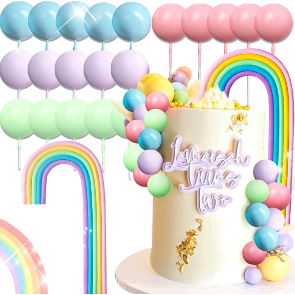 Macaron Rainbow Cake Decorations Set - 3D Arch & Pastel Ball Toppers with Custom Name Tag for Birthday & Party Decor