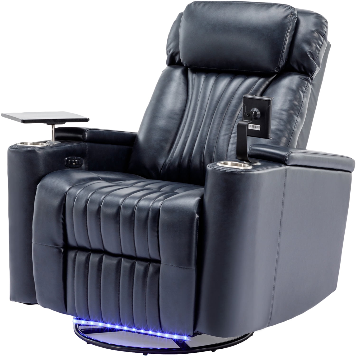 Kepooman Power Recliner, Leather Power Recliner with Concealed Arm Storage with Comfort Backrest, LED Lights, Cup Holder, 270° Swivel Home Theater Recliner, Blue