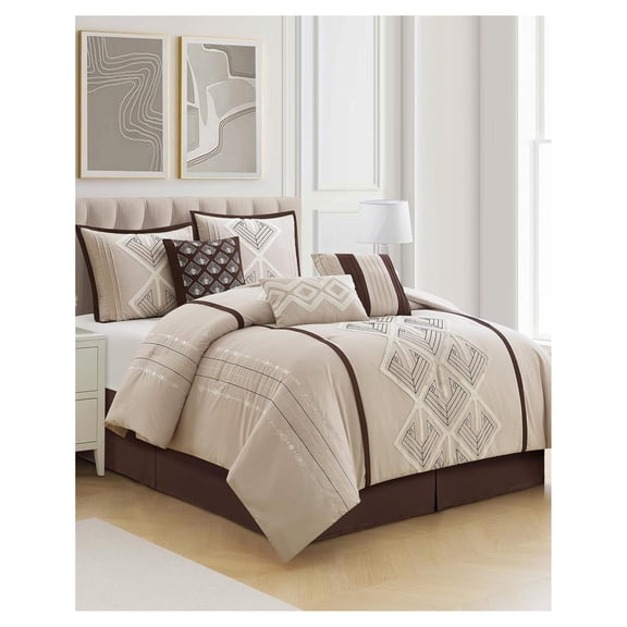 Beige Brown Queen Comforter Set, Soft Lightweight Bedding Set for All Seasons, 7 Pieces, Comforter, Bedskirt, 2 Pillow Shams and 3 Decorative Pillows