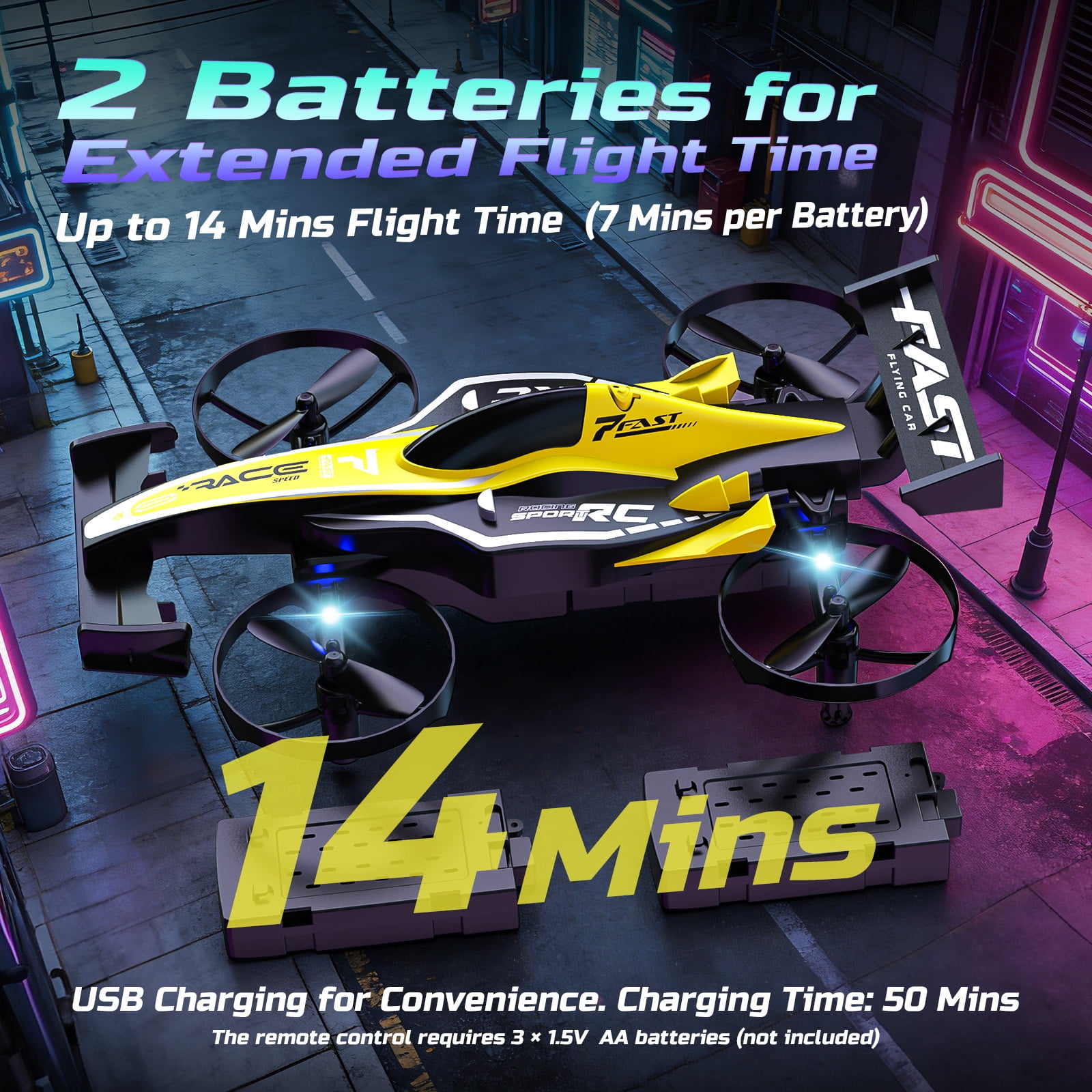 Drones for Kids, Wefone ZF24 2-in-1 Air and Land RC Vehicle, Remote Control Car, 3-Speed, 360°Flip, Headless Mode, Circle Fly, 2 Batteries, Yellow