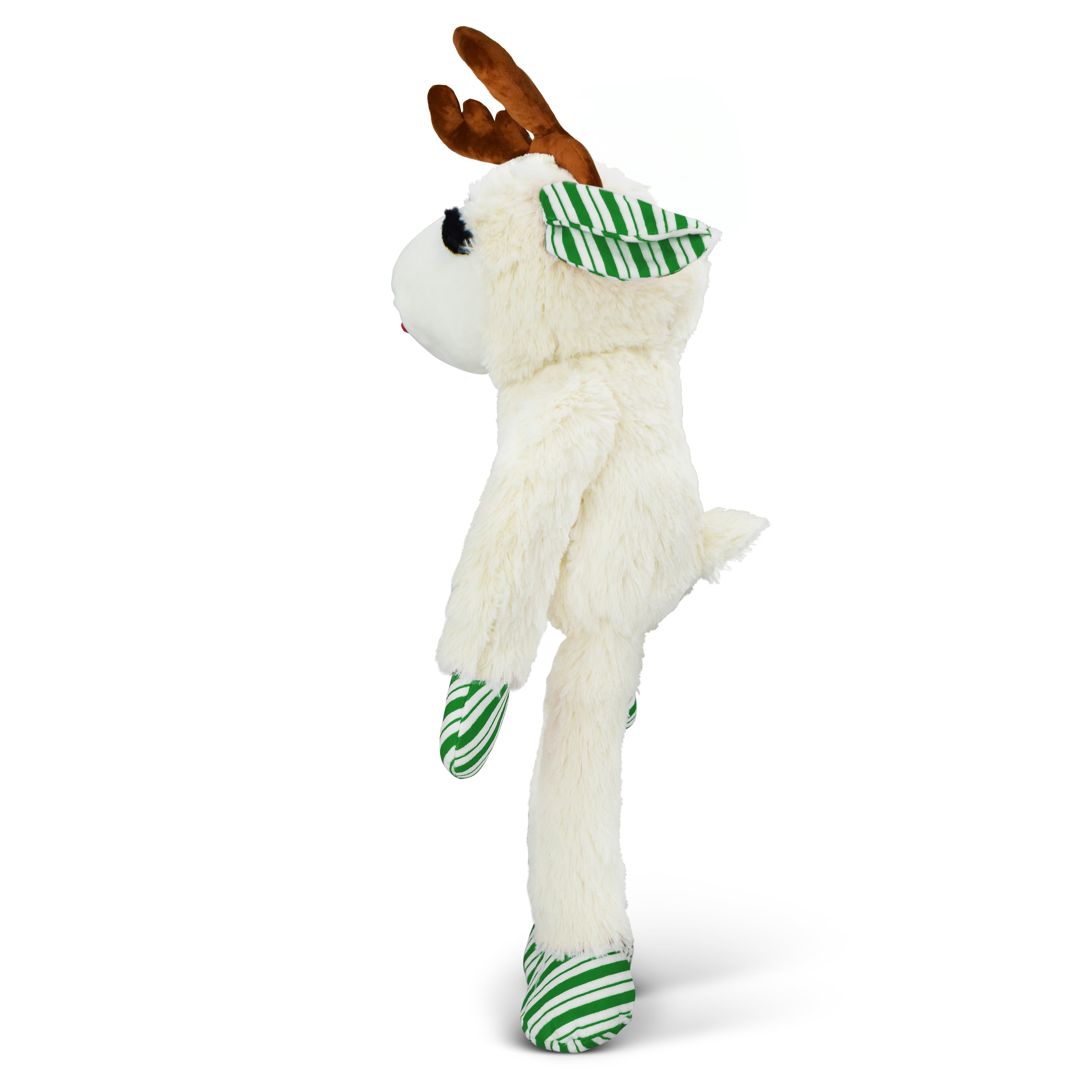 Multipet Plush Jumbo Holiday Lamb Chop Reindeer Dog Toy, Squeaker, Green and White Striped Paws with Reindeer Antlers, 19"