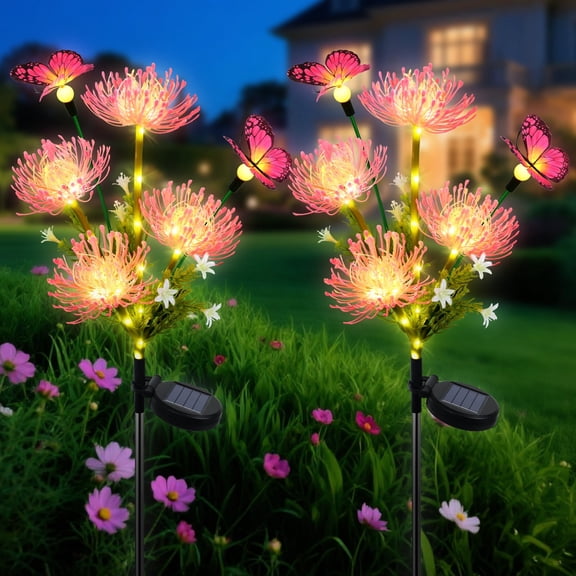 Ninonly 2 Pack Solar Garden Lights, Solar Flower Lights with Butterfly Outdoor, Waterproof Solar Powered Lights Decorative for Garden Yard Pathway Grave Landscape