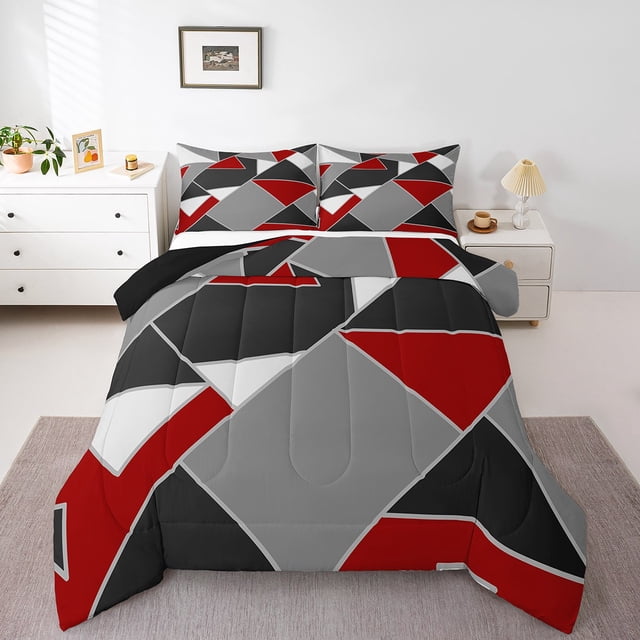 Erosebridal Red Triangle Bedding Twin Comforter Set,Abstract Rectangle Down Comforter,Vintage Geometric Bedding Sets Twin With Comforter,Lightweight Abstract Bedroom Decoration,Reversible,2-Piece