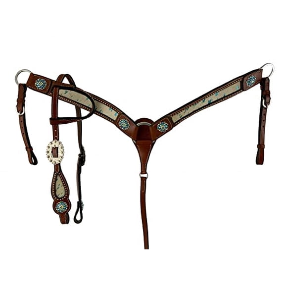 Showman Teal Acid Wash Cowhide Inlay Single Ear Leather Headstall & Breast Collar Set
